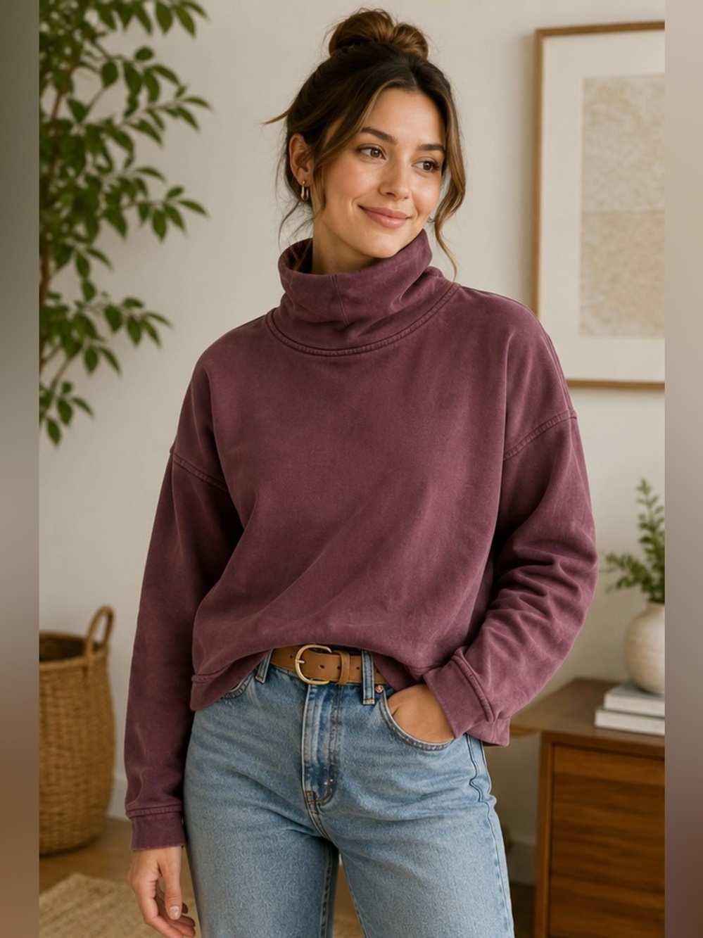 Everlane Organic Cotton Mock Neck Sweatshirt Mauve Purple XS‎ Cozy Pullover